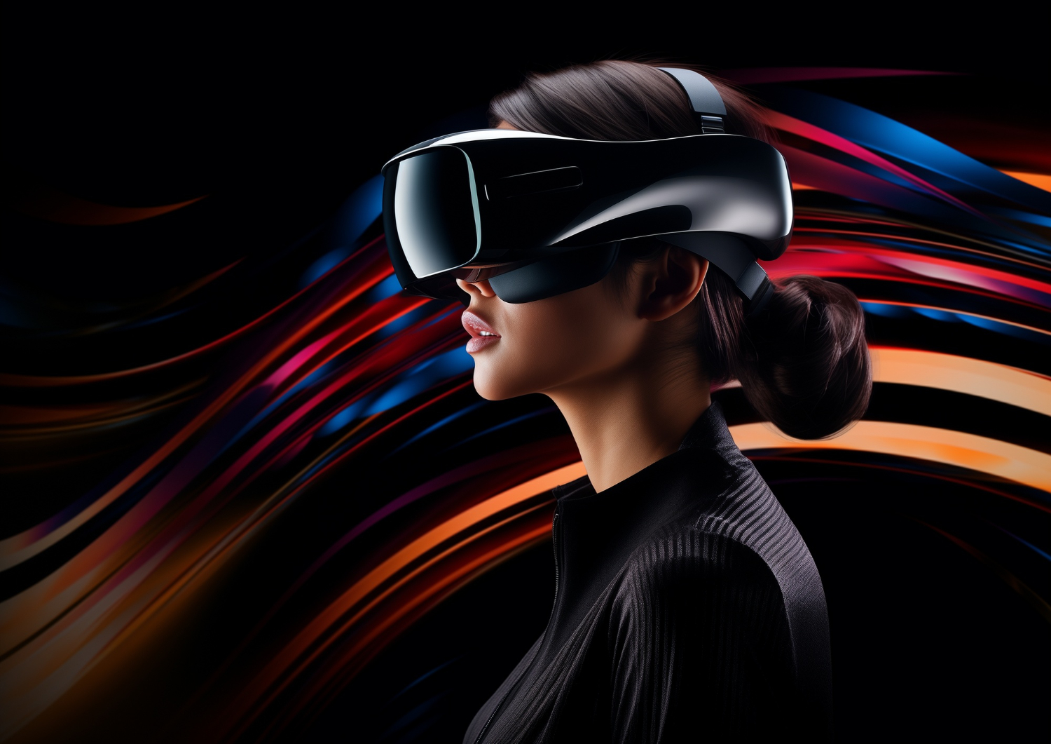 Woman wearing a VR headset against a backdrop of colorful light trails